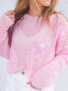 Light Pink Floral Hollow Knit Drop Shoulder Sweater