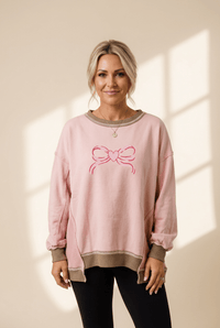 Women's Light Pink Heart Bow Embroidered Waffle Sweatshirt