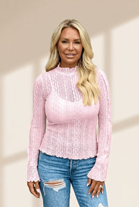 Women's Light Pink Mock Neck Sheer Lace Blouse with Flounce Sleeves