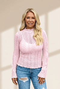 Women's Light Pink Mock Neck Sheer Lace Blouse with Flounce Sleeves