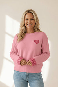 Women's Light Pink Plaid Heart Knit Sweater in Sweaters