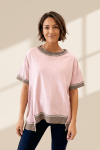 Women's Light Pink Waffle Knit Patchwork Tee with Exposed Seams