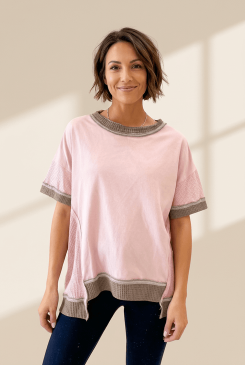 Women's Light Pink Waffle Knit Patchwork Tee with Exposed Seams