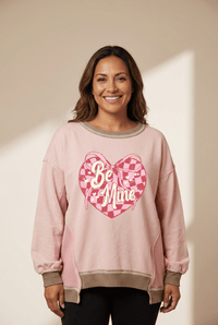 Women's Light Pink Waffle Patchwork Heart Print Sweatshirt
