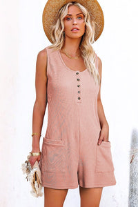 Light Pink Waffle Sleeveless U Neck Buttons Romper With Pockets