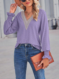 Loose Cut Out Lace Panel V-Neck Lace Blouse