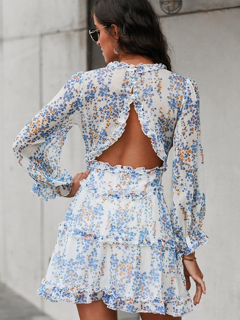 Tiered Ruffle Mini Dress with V-Neckline
