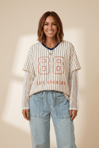 
Women's Los Angeles Pinstripe Graphic V-Neck with Lace Sleeves