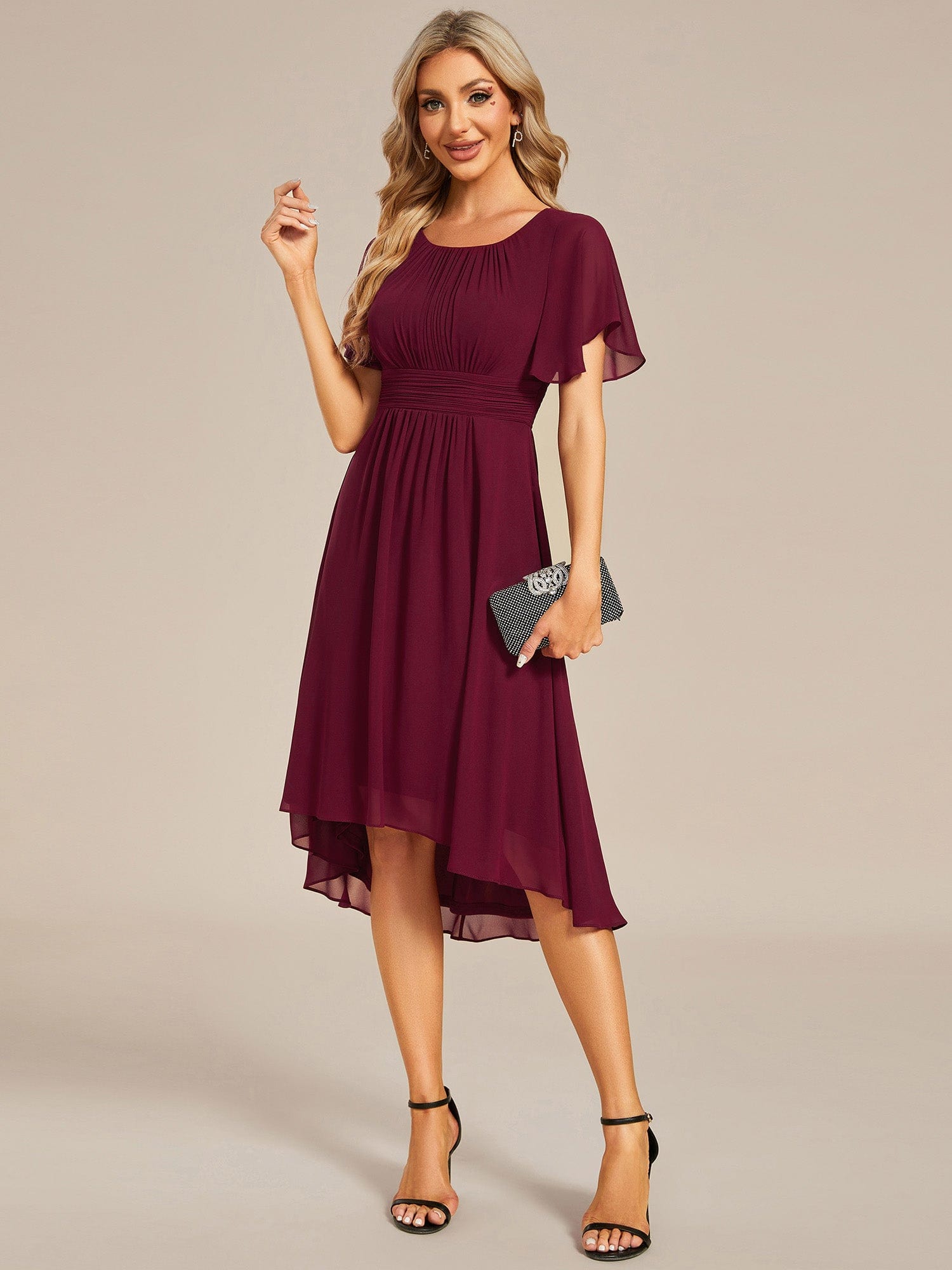 Short Sleeve Dresses Knee Length Lotus Blossom Chiffon A-Line Knee-Length  Dress for Wedding Guests