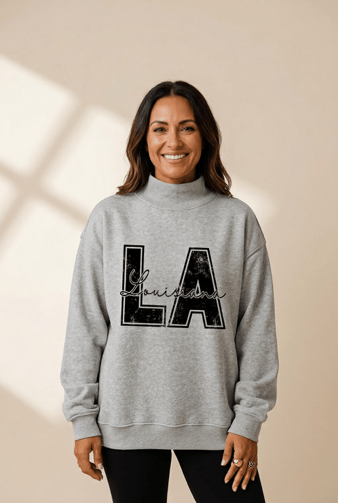 Women's Louisiana Graphic Mock Neck Sweatshirt in Heather Grey