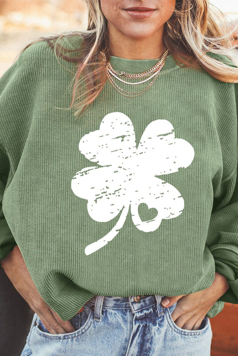 Lucky Clover Print Grass Green Corded Sweatshirt for St. Patrick's Day