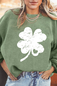 Lucky Clover Print Grass Green Corded Sweatshirt for St. Patrick's Day