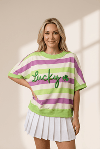 Women's Lucky Clover Striped Dolman Sleeve Embroidered Tee