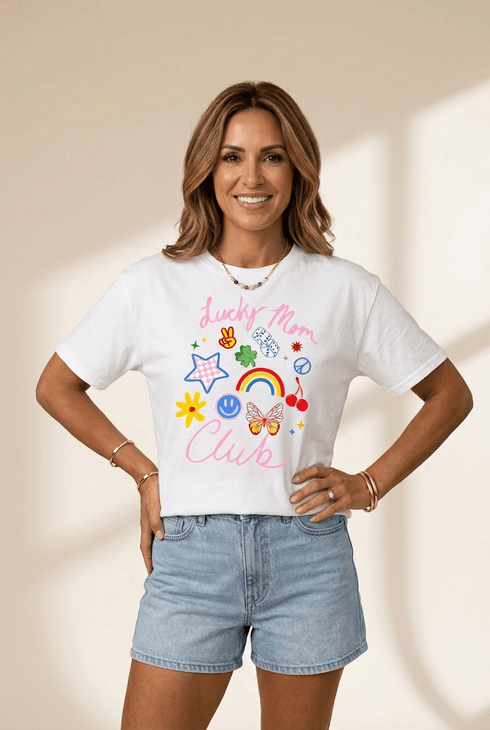 Women's Lucky Mom Club Graphic Tee in Soft White Stretch Jersey