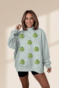 Women's Lucky Sequin Clover Mock Neck Sweatshirt in Heather Gray