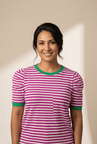 
Magenta & White Striped Puff Sleeve Knit Top with Green Trim