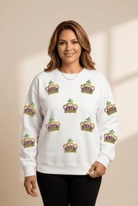 Women's Mardi Gras Crown Sequin Sweatshirt with Dropped Shoulders
