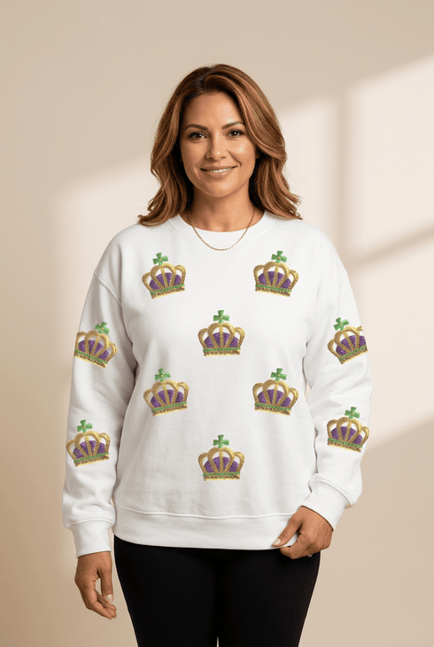 Women's Mardi Gras Crown Sequin Sweatshirt with Dropped Shoulders