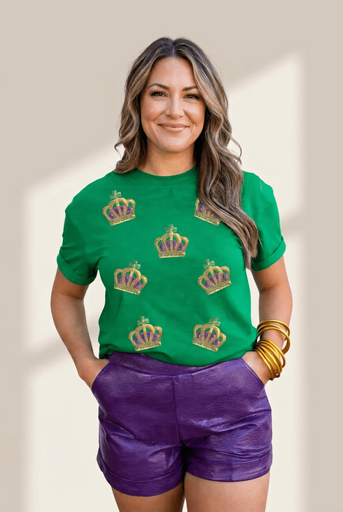 Women's Mardi Gras Green Sequin Crown Tee with Rolled Sleeves