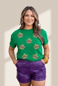 Women's Mardi Gras Green Sequin Crown Tee with Rolled Sleeves