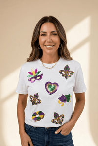 Women's Mardi Gras Sequin Graphic Tee in White Cotton Blend