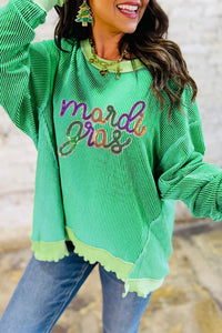 Bright Green Twisted Ribbed mardi gras Sequin Graphic Exposed Seam Patchwork Pullover Top