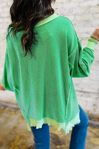 Bright Green Twisted Ribbed mardi gras Sequin Graphic Exposed Seam Patchwork Pullover Top