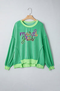 Bright Green Twisted Ribbed mardi gras Sequin Graphic Exposed Seam Patchwork Pullover Top