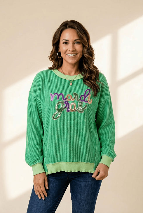 Women's Mardi Gras Sequin Ribbed Pullover