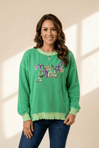 Women's Mardi Gras Sequin Ribbed Pullover in Vibrant Green