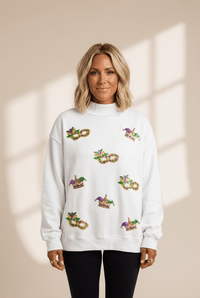 Women's Mardi Gras Sequined Mock Neck Sweatshirt in White