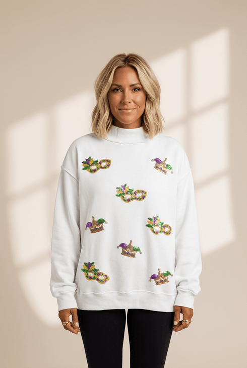 Women's Mardi Gras Sequined Mock Neck Sweatshirt in White