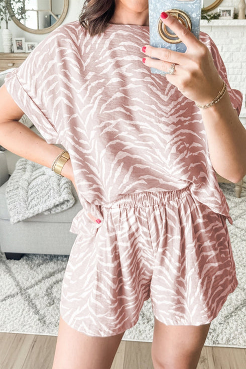 Women's Mauve Khaki Abstract Print Viscose Knit Shorts Set