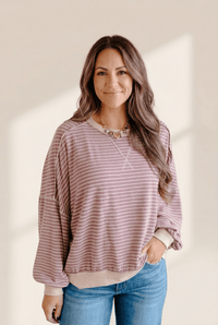 Women's Mauve Striped Long Sleeve Top with Exposed Stitching