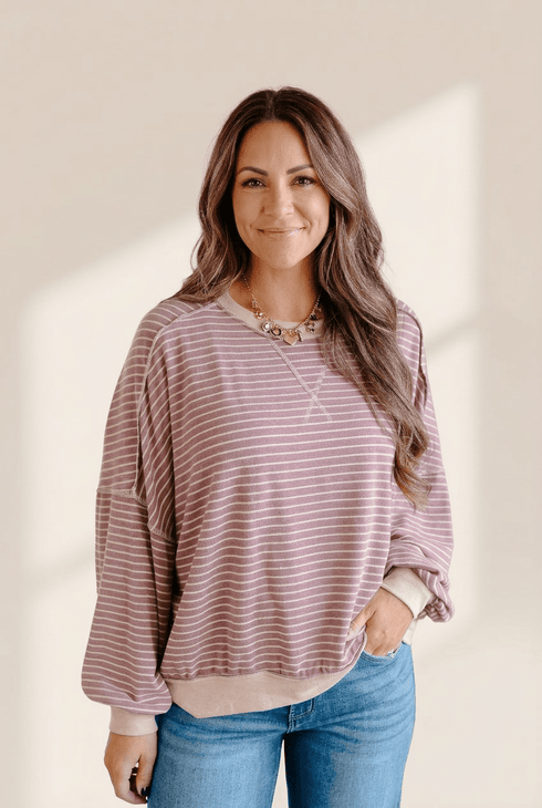 Women's Mauve Striped Long Sleeve Top with Exposed Stitching