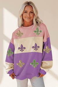 Women's Meadow Mauve Fleur de Lis Sequined Colorblock Sweatshirt