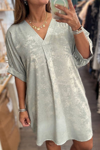 Meadow Mist Green Metallic V Neck Cuffed Short Sleeve Loose Mini Dress