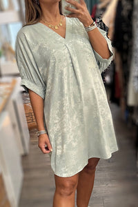 Meadow Mist Green Metallic V Neck Cuffed Short Sleeve Loose Mini Dress