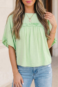 
Meadow Mist Green Pleated Babydoll Blouse for Women – Chic Half Sleeve Top with Flattering Fit and Elegant Style