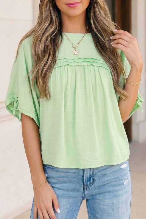 Meadow Mist Green Pleated Babydoll Blouse for Women – Chic Half Sleeve Top with Flattering Fit and Elegant Style