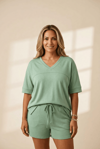 Women's Meadow Mist Green V-Neck Tee and Drawstring Shorts Set