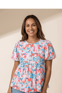 Women's Mediterranean Print Puff Sleeve Babydoll Blouse