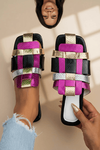 Women's Metallic Basketweave Square Toe Slides in Festive Jewel Tones