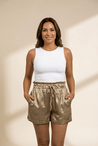 Women's Metallic Gold Cuffed Shorts with Paperbag Waist