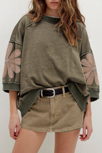 Mineral Wash Oversized 3/4 Sleeve Top for Women with Raw Seams and Floral Patchwork Design