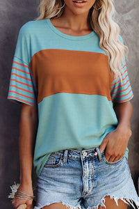 Women's Mint Green Color Block Women's T-Shirt with Striped Details - Casual Loose Fit for Everyday Comfort