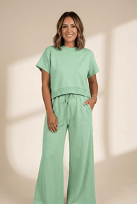 Women's Mint Green Cotton Blend 2-Piece Wide Leg Pant Set