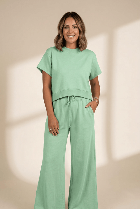 Women's Mint Green Cotton Blend 2-Piece Wide Leg Pant Set