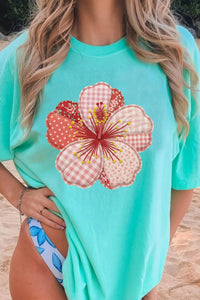 Mint Green Floral Patchwork Casual T-Shirt for Women - Ideal for Beach Days and Everyday Comfort