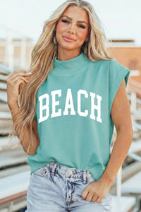 
Mint Green High Neck Short Sleeve Tee for Women - Trendy Beach Graphic Top Perfect for Casual Summer Adventures